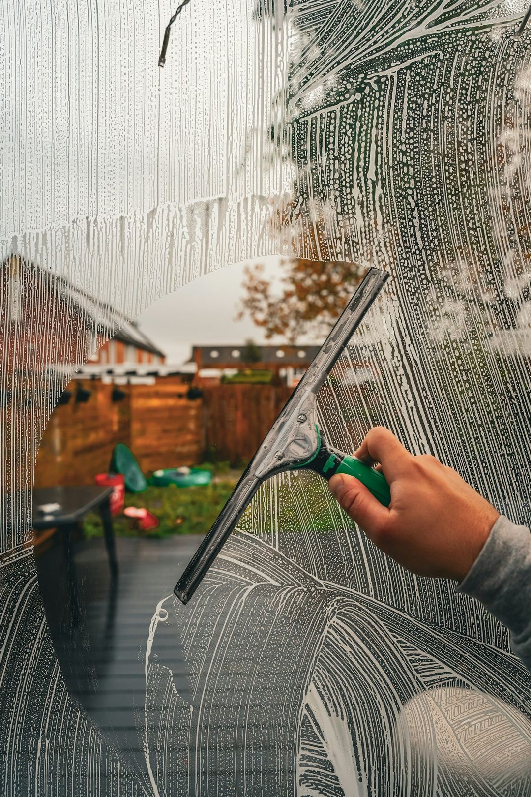 Glasfläche wird mit einem Abzieher streifenfrei gereinigt
